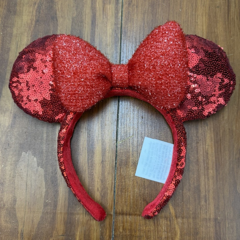 Disney Parks Dark Red Sequin Minnie Ears Bow Mickey Mouse Headband NWOT
